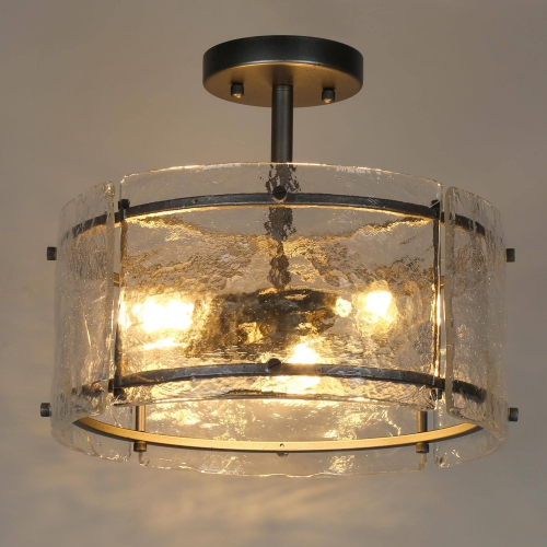 Modern Industrial 1-Light Spattered Rust Kitchen Semi-Flush Mount with Textured Glass Shade