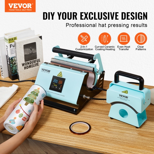 VEVOR 2 in 1 Tumbler and Hat Heat Press Machine, Mini Hat Heat Press for Caps, Tumbler Heat Press for 11-30oz Sublimation Tumblers and Mugs,