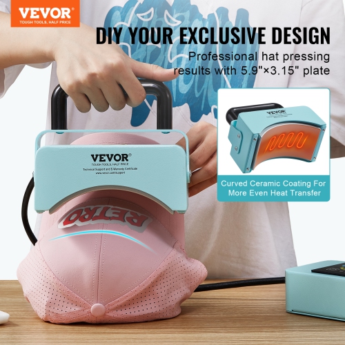VEVOR 5.9x3.15 inchHat Press Machine, Mini Hat Heat Press with Integrated Control Panel, Cap Heat Press Machine,Curved Heating Plate, Safety Base,
