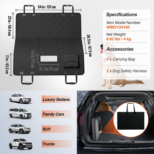 VEVOR 54 x 26.5in Dog Car Seat Cover for Back Seat, Waterproof 600D Heavy Duty Pet Car Seat Protectors with Mesh Window Storage Pocket, Scratchproof
