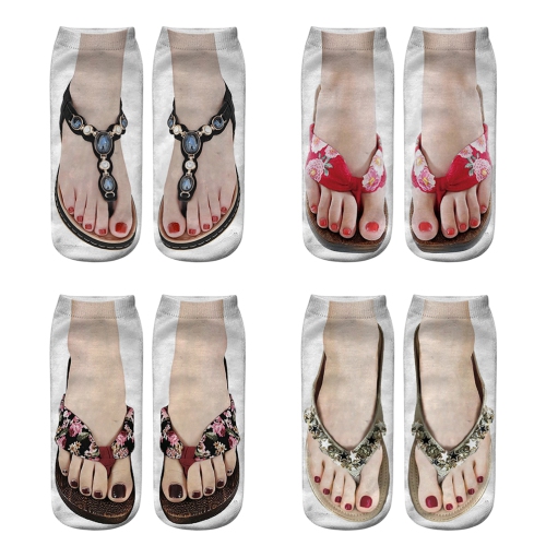 Image 1 of 7.. 4 Pairs Funny Flip Flop Manicure Print Socks 3D Pattern Socks Sandal Printed Socks Low Cut Ankle Socks Running Yoga Socks