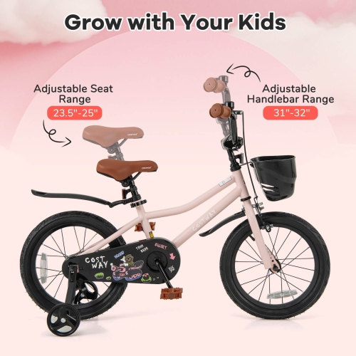 Vélo pour enfants de 12, 14, 16 et 18 po de Costway, guidon réglable et siège, frein à main vert/rose