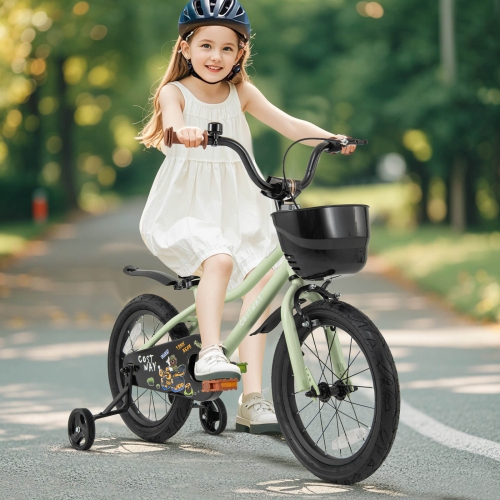 Vélo pour enfants de 12, 14, 16 et 18 po de Costway, guidon réglable et siège, frein à main vert/rose