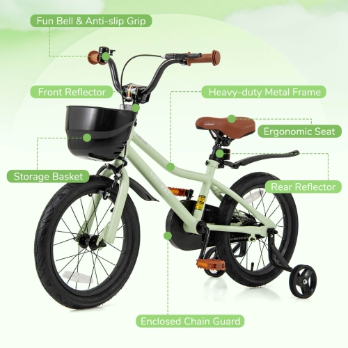 Vélo pour enfants de 12, 14, 16 et 18 po de Costway, guidon réglable et siège, frein à main vert/rose
