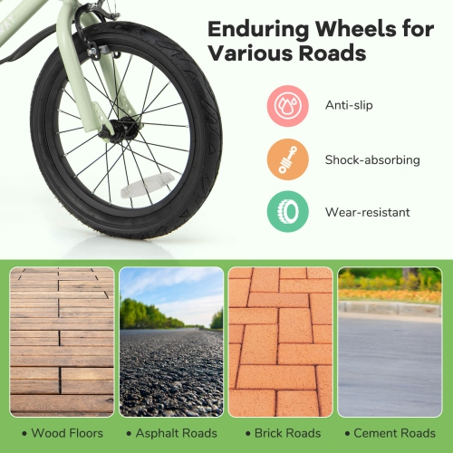 Vélo pour enfants de 12, 14, 16 et 18 po de Costway, guidon réglable et siège, frein à main vert/rose