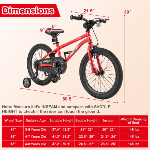 Costway 18-Inch Kid's Bike for 4-8 Years Old with Adjustable Saddle & Anti-slip Handlebar Red