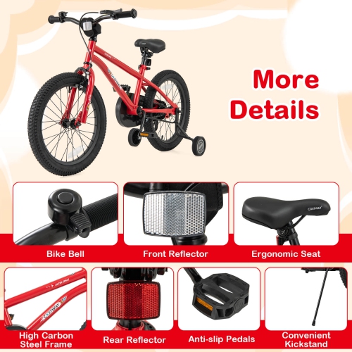 Costway 18-Inch Kid's Bike for 4-8 Years Old with Adjustable Saddle & Anti-slip Handlebar Red