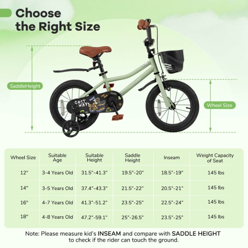Vélo pour enfants de 12, 14, 16 et 18&nbsp;po de Costway, guidon réglable et siège, frein à main vert/rose