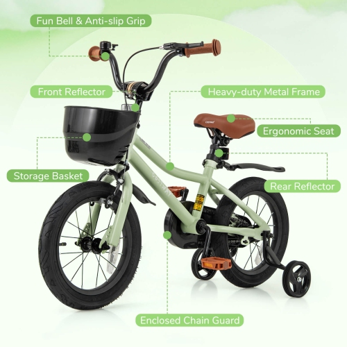 Vélo pour enfants de 12, 14, 16 et 18&nbsp;po de Costway, guidon réglable et siège, frein à main vert/rose