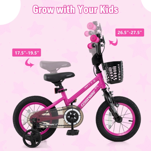 Vélo pour enfants de Costway avec roues stabilisatrices, guidon réglable et siège, frein à main noir/rose/argenté