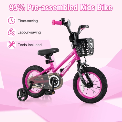 Vélo pour enfants de Costway avec roues stabilisatrices, guidon réglable et siège, frein à main noir/rose/argenté