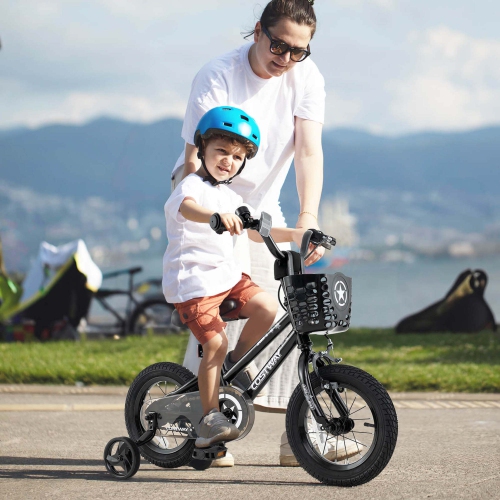 Vélo pour enfants de Costway avec roues stabilisatrices, guidon réglable et siège, frein à main noir/rose/argenté