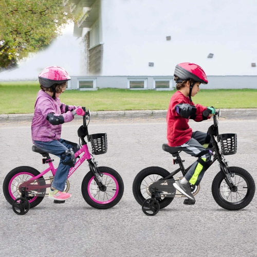 Vélo pour enfants de Costway avec roues stabilisatrices, guidon réglable et siège, frein à main noir/rose/argenté