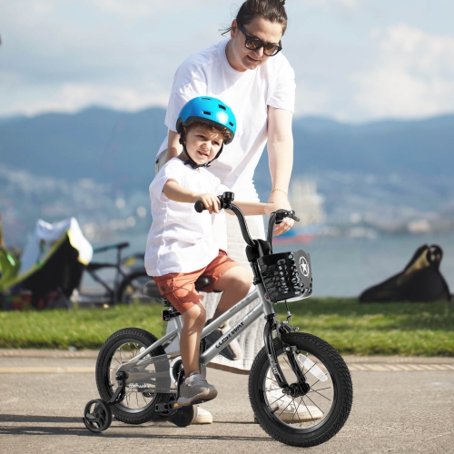 Vélo pour enfants de Costway avec roues stabilisatrices, guidon réglable et siège, frein à main noir/rose/argenté
