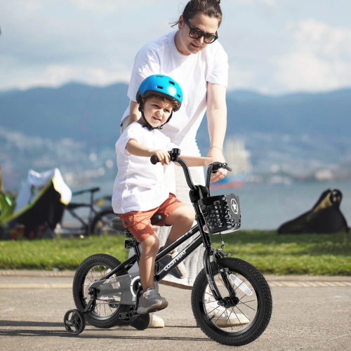 Vélo pour enfants de Costway avec roues stabilisatrices, guidon réglable et siège, frein à main noir/rose/argenté