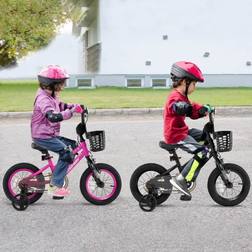 Vélo pour enfants de Costway avec roues stabilisatrices, guidon réglable et siège, frein à main noir/rose/argenté