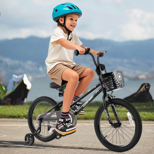 Vélo pour enfants de Costway avec roues stabilisatrices, guidon réglable et siège, frein à main noir/rose/argenté