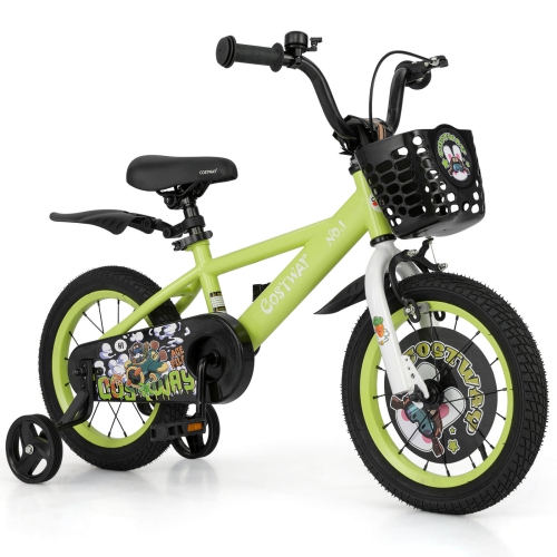 Vélo pour enfants de 14&nbsp;po pour 3-5 de Costway avec guidon à hauteur réglable et frein à main à selle vert