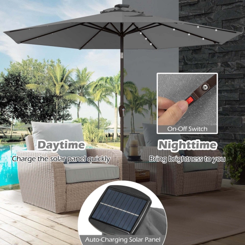 Costway 10' Solar LED Lighted Patio Market Umbrella Shade Tilt Adjustment Crank