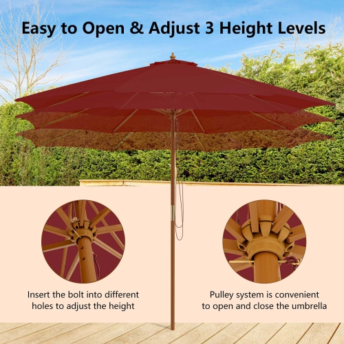 Costway 10FT Patio Wooden Market Table Umbrella Pulley with 8 Bamboo Ribs Sunshade Canopy Coffee/Gray/Navy/Wine/Beige