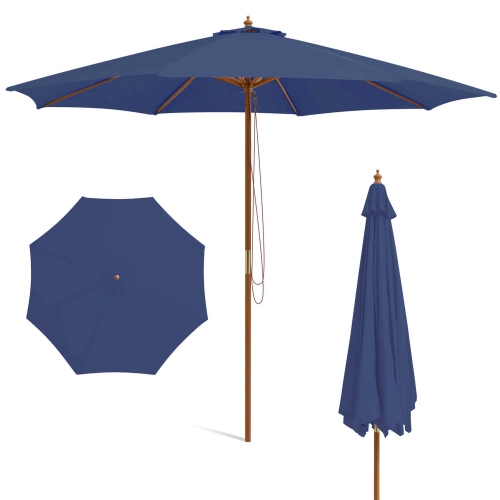 Costway 10FT Patio Wooden Market Table Umbrella Pulley with 8 Bamboo Ribs Sunshade Canopy Coffee/Gray/Navy/Wine/Beige