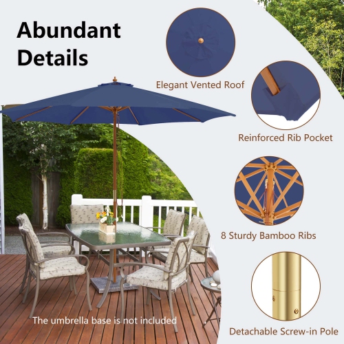 Costway 10FT Patio Wooden Market Table Umbrella Pulley with 8 Bamboo Ribs Sunshade Canopy Coffee/Gray/Navy/Wine/Beige