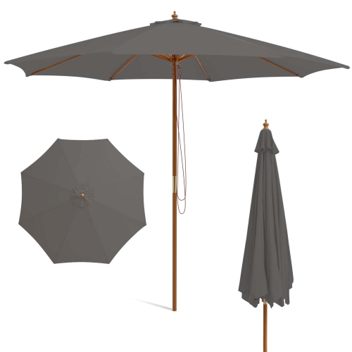 Costway 10FT Patio Wooden Market Table Umbrella Pulley with 8 Bamboo Ribs Sunshade Canopy Coffee/Gray/Navy/Wine/Beige