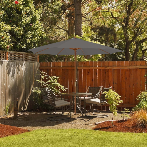 Costway 10FT Patio Wooden Market Table Umbrella Pulley with 8 Bamboo Ribs Sunshade Canopy Coffee/Gray/Navy/Wine/Beige