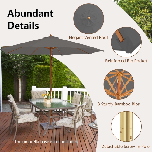 Costway 10FT Patio Wooden Market Table Umbrella Pulley with 8 Bamboo Ribs Sunshade Canopy Coffee/Gray/Navy/Wine/Beige