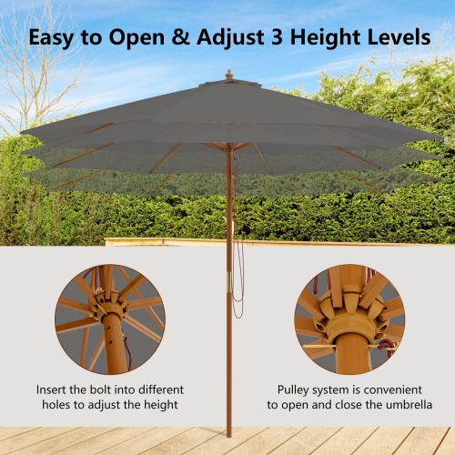 Costway 10FT Patio Wooden Market Table Umbrella Pulley with 8 Bamboo Ribs Sunshade Canopy Coffee/Gray/Navy/Wine/Beige