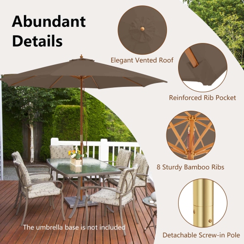 Costway 10FT Patio Wooden Market Table Umbrella Pulley with 8 Bamboo Ribs Sunshade Canopy Coffee/Gray/Navy/Wine/Beige