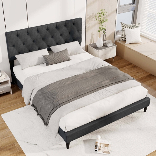 Costway Twin/Full/Queen Size Bed Frame with Button-Tufted Headboard & Wooden Slats Easy Assembly