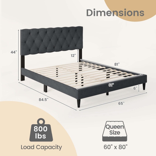 Costway Twin/Full/Queen Size Bed Frame with Button-Tufted Headboard & Wooden Slats Easy Assembly