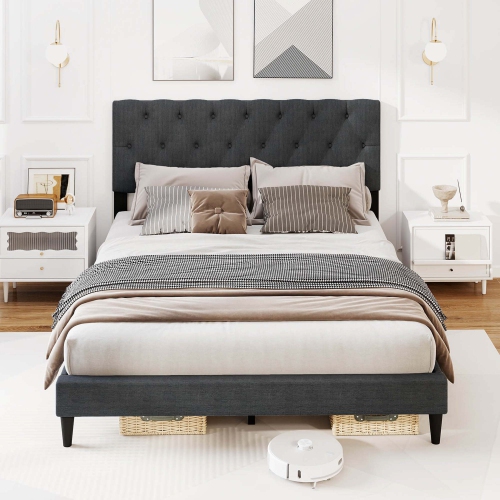 Costway Twin/Full/Queen Size Bed Frame with Button-Tufted Headboard & Wooden Slats Easy Assembly
