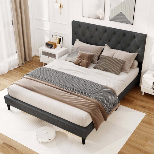 Costway Twin/Full/Queen Size Bed Frame with Button-Tufted Headboard & Wooden Slats Easy Assembly