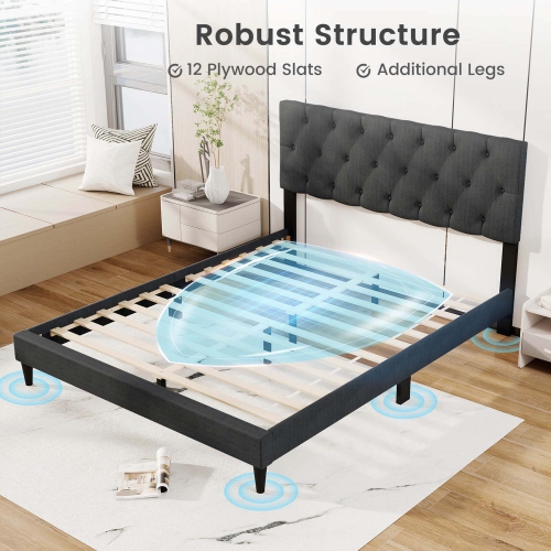 Costway Twin/Full/Queen Size Bed Frame with Button-Tufted Headboard & Wooden Slats Easy Assembly