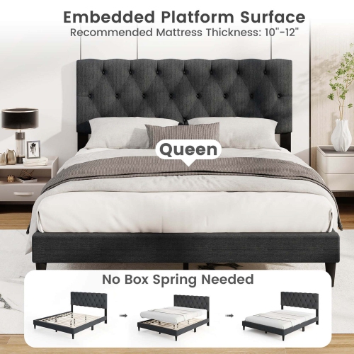 Costway Twin/Full/Queen Size Bed Frame with Button-Tufted Headboard & Wooden Slats Easy Assembly