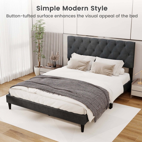 Costway Twin/Full/Queen Size Bed Frame with Button-Tufted Headboard & Wooden Slats Easy Assembly
