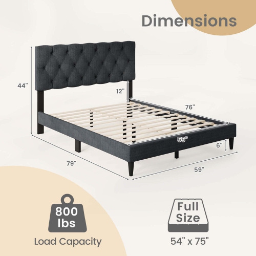 Costway Twin/Full/Queen Size Bed Frame with Button-Tufted Headboard & Wooden Slats Easy Assembly