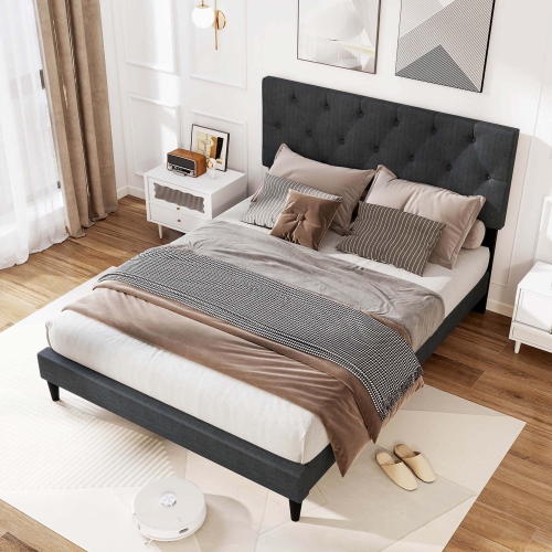 Costway Twin/Full/Queen Size Bed Frame with Button-Tufted Headboard & Wooden Slats Easy Assembly