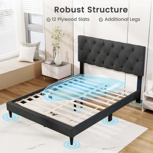 Costway Twin/Full/Queen Size Bed Frame with Button-Tufted Headboard & Wooden Slats Easy Assembly
