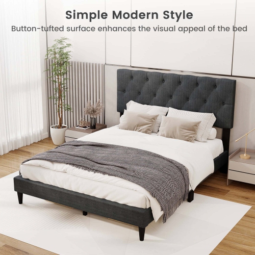 Costway Twin/Full/Queen Size Bed Frame with Button-Tufted Headboard & Wooden Slats Easy Assembly