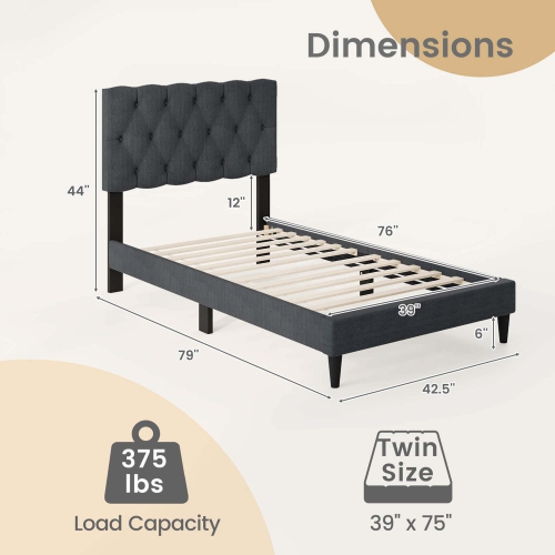 Costway Twin/Full/Queen Size Bed Frame with Button-Tufted Headboard & Wooden Slats Easy Assembly