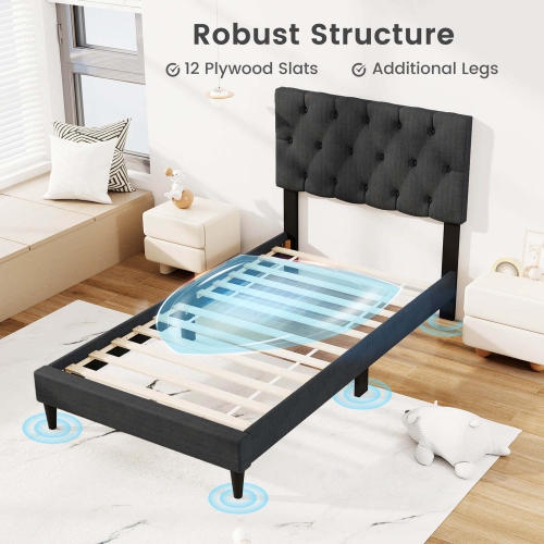 Costway Twin/Full/Queen Size Bed Frame with Button-Tufted Headboard & Wooden Slats Easy Assembly