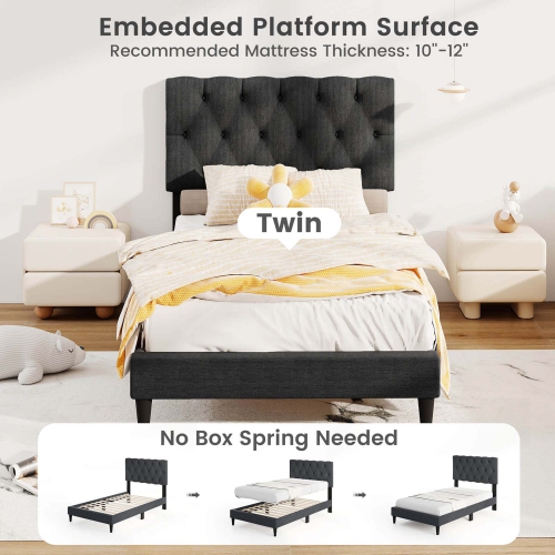 Costway Twin/Full/Queen Size Bed Frame with Button-Tufted Headboard & Wooden Slats Easy Assembly