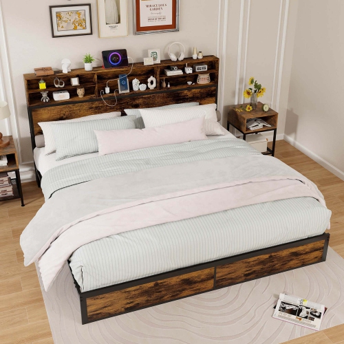 Costway Twin/Queen/King/Full Bed Frame with Charging Station Storage Headboard Under-bed Storage Space