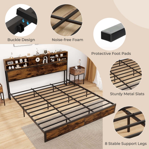 Costway Twin/Queen/King/Full Bed Frame with Charging Station Storage Headboard Under-bed Storage Space