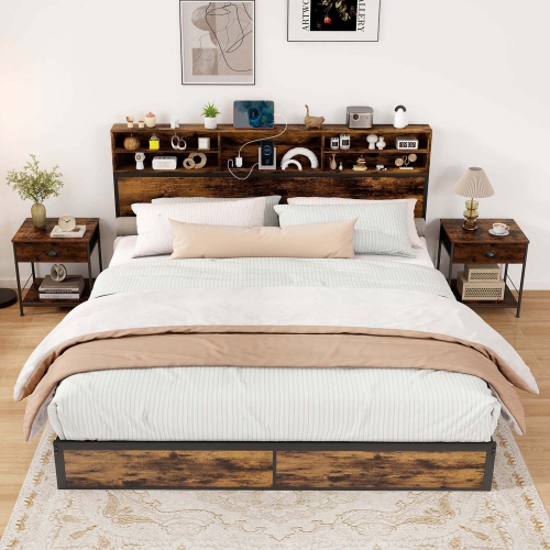 Costway Twin/Queen/King/Full Bed Frame with Charging Station Storage Headboard Under-bed Storage Space
