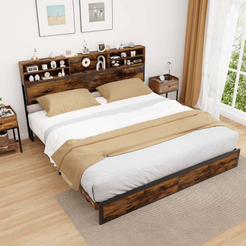 Costway Twin/Queen/King/Full Bed Frame with Charging Station Storage Headboard Under-bed Storage Space