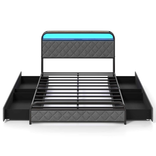 Cadre de lit simple/double/grand lit avec éclairage LED et tête de lit avec rangement pour station de recharge noire de Costway